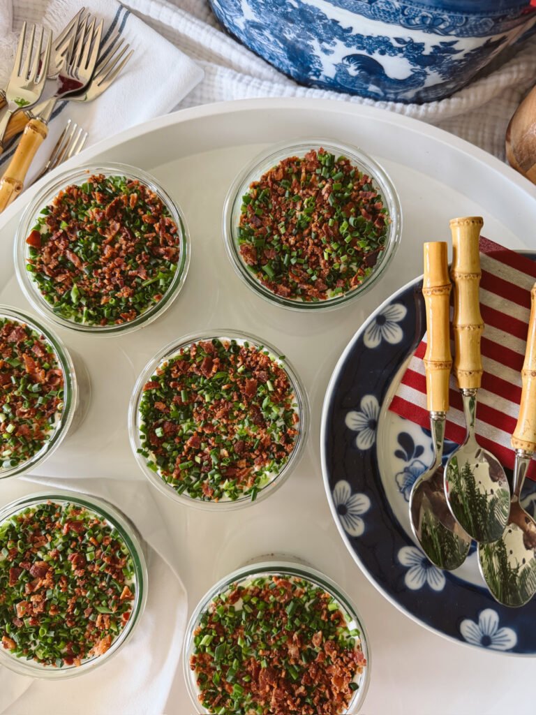 crispy potato parfait: viral dot cake, but savory on a white round tray fourth of july table
