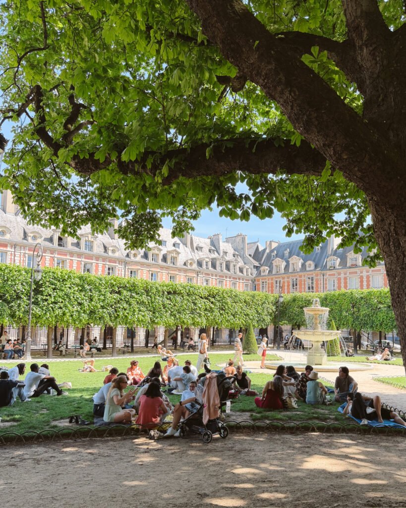 Paris park scene with people on blankets talking