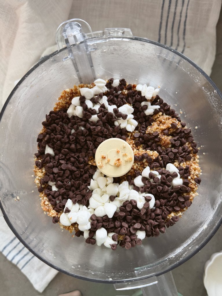 s'more protein bites ingredients, food processor, mini chocolate chips, marshmallows
