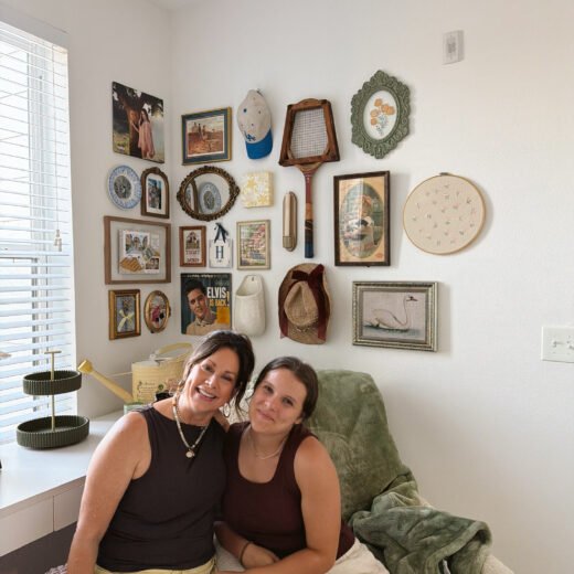 mother/daughter college apartment with collage wall