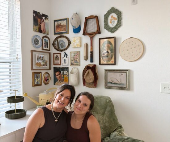mother/daughter college apartment with collage wall