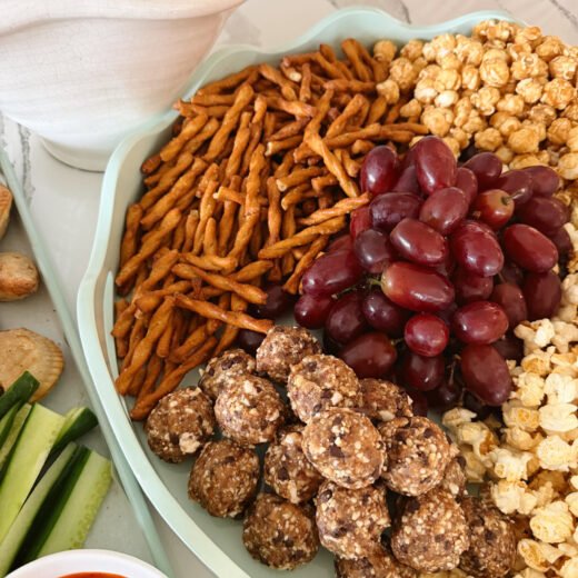 after school snack board, pretzels, popcorn, protein bites