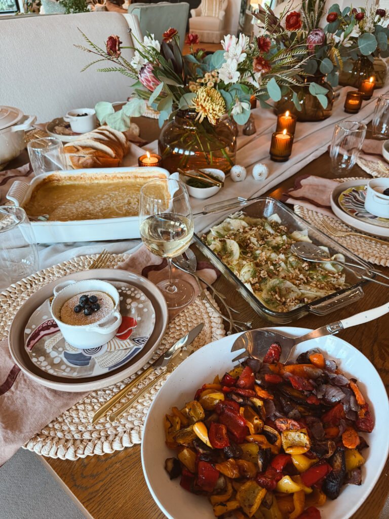 fall dinner party food and dishes